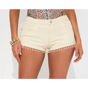 Fashion Nova NEW Denim Shorts Size 13 Know About You Cream Dangling Crystals NWT
